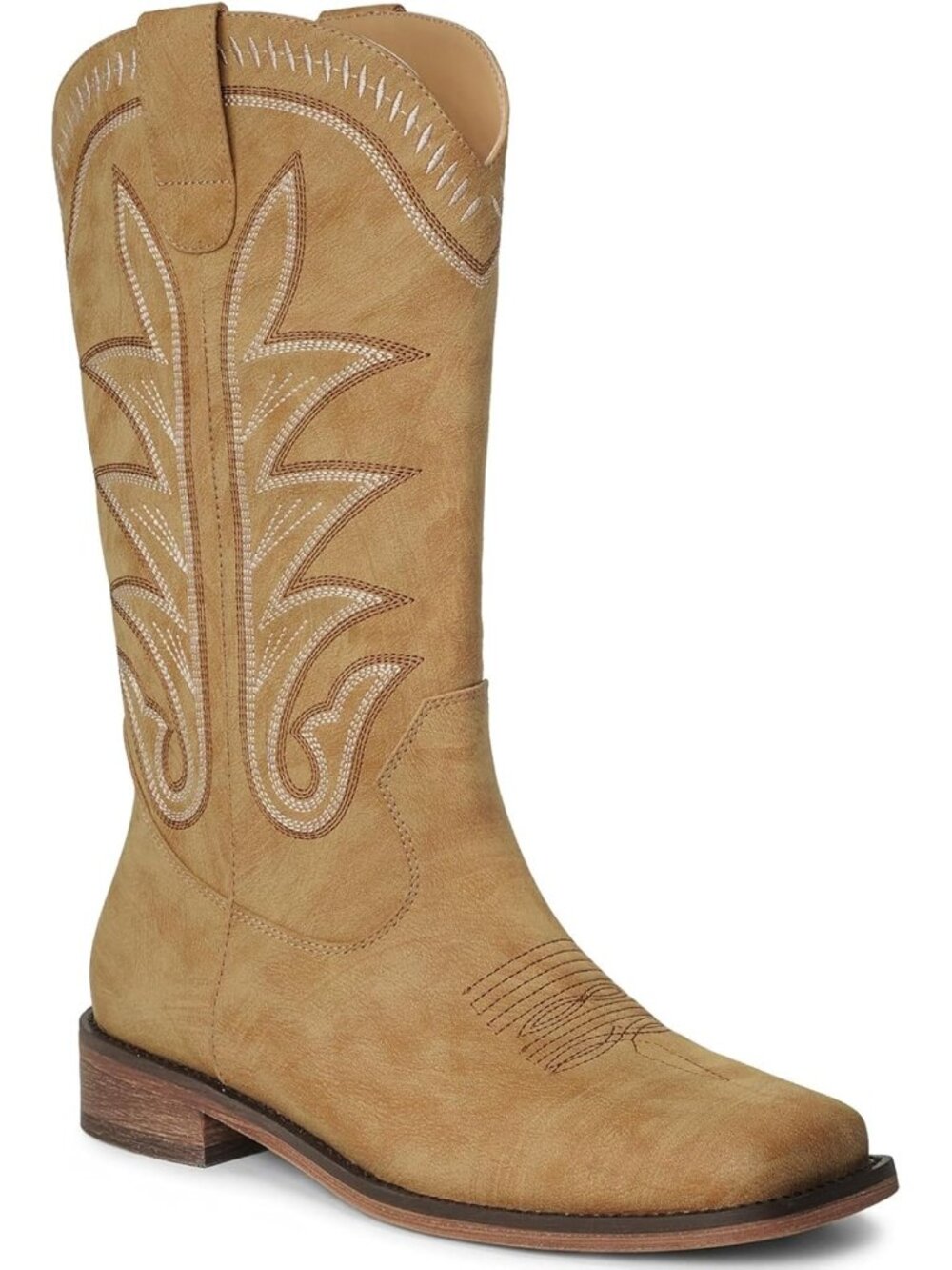 Women's Camel Western Wide Square Toe Cowgirl Boots Mid Calf Country Boots
